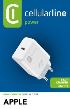 Cellularline USB-C Charger 20W - iPhone 8 or later Caricabatterie da rete USB-C 20W per la carica alla massima velocità di iPhone 8 e successivi