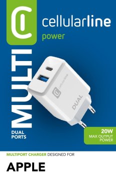 Cellularline Dual Charger - iPhone 8 or later Caricabatterie da rete con 2 porte USB e USB-C per la carica simultanea di due dispositivi Apple