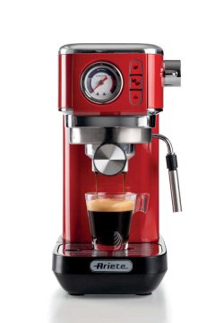 Ariete 1381 Macchina da caffè con manometro, compatibile con caffè in polvere e cialde ESE, 1300 W, Capacità 1,1 L, 15 bar di pressione, Filtro ½ tazze, Dispositivo Cappuccino, Rosso