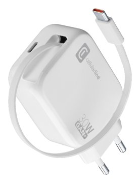 Cellularline Retractable Power 30W Caricabatterie da rete 30W con cavo retrattile USB-C e porta USB-C