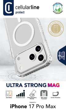 Cellularline Ultra Strong Mag - iPhone 17 Pro Max Custodia ultra protettiva trasparente con bordi rinforzati in materiale anti-shock, progettata per assorbire gli impatti