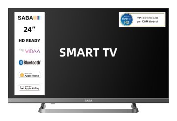 SABA SMART TV 24" HD READY, Sistema operativo VIDAA, Triplo ter DVBT2/C/S2 HEVC MAIN10, Certificato TivuSAT, Piedistallo centrale, Dolby Audio