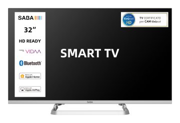 SABA SMART TV 32" HD READY, Sistema operativo VIDAA, Triplo ter DVBT2/C/S2 HEVC MAIN10, Certificato TivuSAT, Piedistallo centrale, Dolby Audio