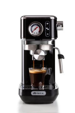 Ariete 1381 Macchina da caffè con manometro, compatibile con caffè in polvere e cialde ESE, 1300 W, Capacità 1,1 L, 15 bar di pressione, Filtro ½ tazze, Dispositivo Cappuccino, Nero