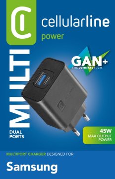 Cellularline Dual Super Fast Charger 45W - Samsung Caricabatterie da rete 2 porte USB e USB-C con tecnologia Super Fast Charging 45W