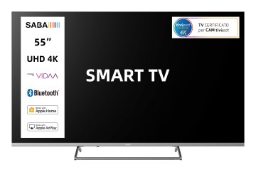 SABA SMART TV 55" ULTRA HD 4K, Sistema operativo VIDAA, Triplo ter DVBT2/C/S2 HEVC MAIN10, Certificato TivuSAT, Piedistallo centrale, Dolby Audio