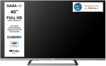 SABA SA40M10 TV 40" FULL HD,Serie Senior, Secondo telecomando semplificato con tasti grandi in dotazione, Triplo tuner DVBT2/C/S2 HEVC MAIN10, Certificato TivuSAT, Piedistallo centrale, Dolby Audio