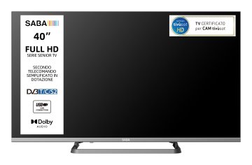 SABA TV 40" FULL HD,Serie Senior, Secondo telecomando semplificato con tasti grandi in dotazione, Triplo ter DVBT2/C/S2 HEVC MAIN10, Certificato TivuSAT, Piedistallo centrale, Dolby Audio