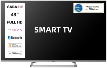 SABA SA43SM10VDA SMART TV 43" FULL HD, Sistema operativo VIDAA, Triplo tuner DVBT2/C/S2 HEVC MAIN10, Certificato TivuSAT, Piedistallo centrale, Dolby Audio