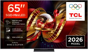 TCL C8L TV 65C8L SQD Mini LED da 65", 4K HDR, 5000 nit, 2.040 zone di dimming, Google TV, 144Hz, Dolby Vision & Atmos, Audio Bang & Olufsen