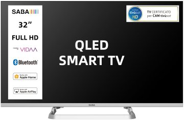 SABA SA32QM10VDA SMART TV QLED 32" FULL HD, Sistema operativo VIDAA, Triplo tuner DVBT2/C/S2 HEVC MAIN10, Certificato TivuSAT, Piedistallo centrale, Dolby Audio