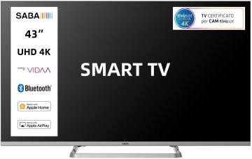 SABA SA43KM10VDA SMART TV 43" ULTRA HD 4K, Sistema operativo VIDAA, Triplo tuner DVBT2/C/S2 HEVC MAIN10, Certificato TivuSAT, Piedistallo centrale, Dolby Audio