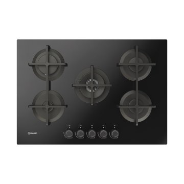 Indesit ING 72T/BK 1 piano gas vetro nero 75cm 5 fuochi bruciatore doppia corona griglie in ghisa lavabili in lavastoviglie Made in Italy