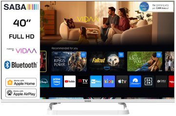 SABA SA40WFM10VDA SMART TV Bianco 40" FULL HD, Sistema operativo VIDAA, Triplo tuner DVBT2/C/S2 HEVC MAIN10, Certificato TivuSAT, Piedistallo centrale, Dolby Audio