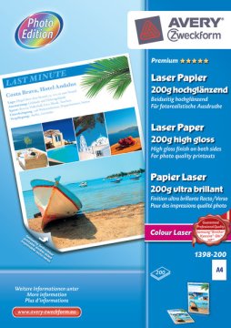 Avery Premium Colour Laser, A4, 200g carta inkjet A4 (210x297 mm) Lucida 200 fogli Bianco