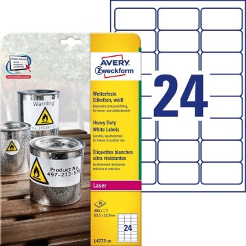 Avery L4773-20 etichetta autoadesiva Rettangolo con angoli arrotondati Permanente Bianco 480 pz