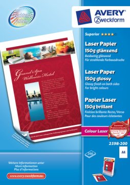 Avery Superior Colour Laser, A4, 150g carta inkjet A4 (210x297 mm) Lucida 200 fogli Bianco