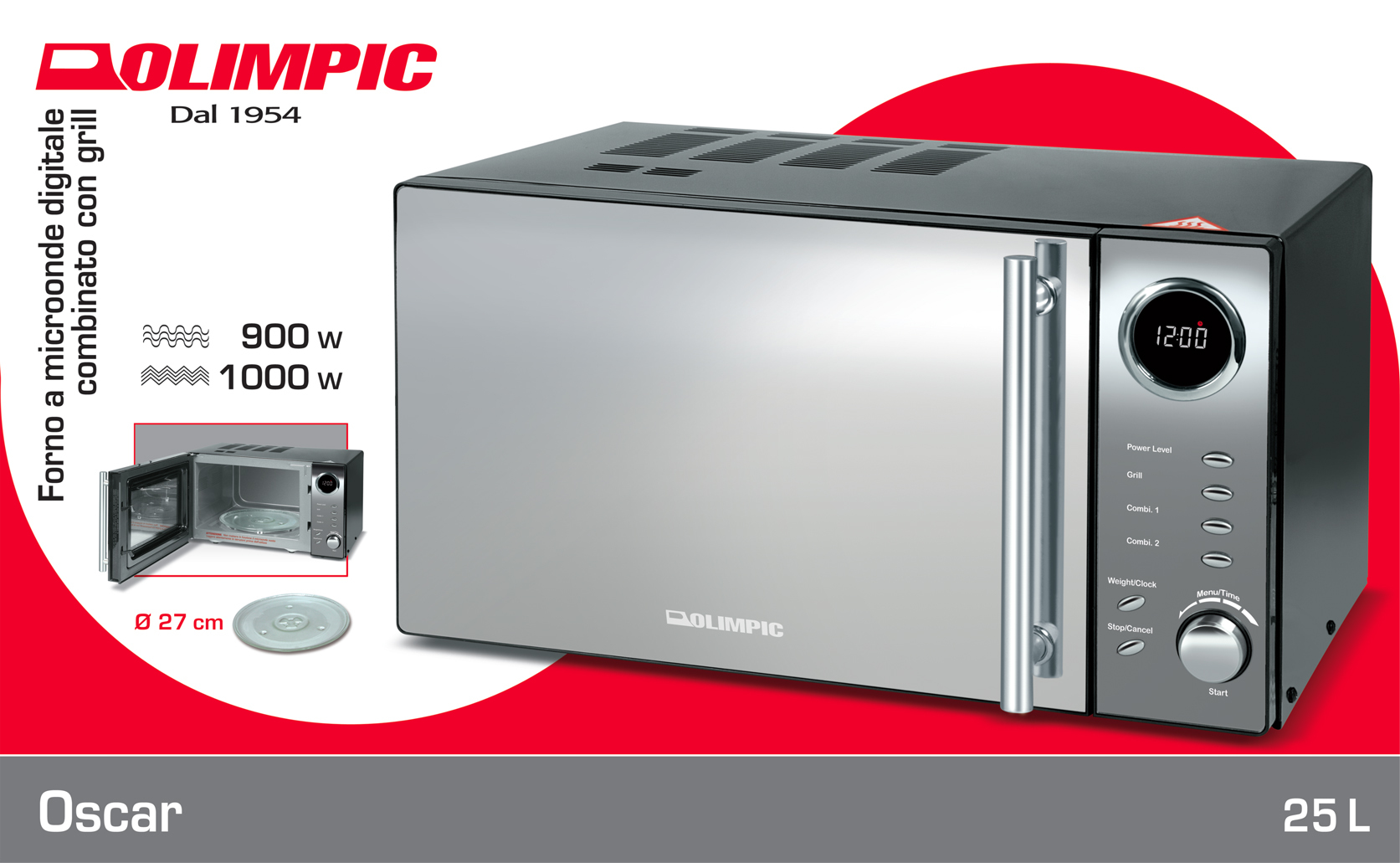 OSCAR - Olimpic Oscar Superficie piana 25 L 900 W Nero, Argento - Forno  microonde - Cottura cibi - Negozi Elettronica Roma - Radionovelli
