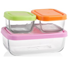 Pengo Pasabahce Set 3 Contenitori Frigo vetro con coperchio rettangolari