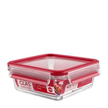 EMSA Clip & Close Glas Quadrato Scatola 0,9 L Rosso, Trasparente 1 pz