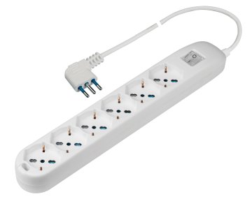 Poly Pool Presa sestupla pluristandard:italiano bivalente 10/16A 2P+T, tedesco 16A 2P+T (terra laterale), con interruttore luminoso, 1,5m cavo H05VV-F 3X1mmq con spina 16A 2P+T, uscita cavo 90°, CSV-I