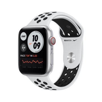 Apple Watch Nike Series 6 GPS + Cellular, 44mm in alluminio argento con cinturino Sport Nike Platino/Nero