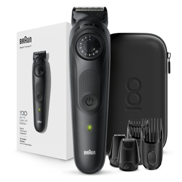 Braun BeardTrimmer BT7 Regolabarba, Tagliacapelli, Design Edition Con Custodia Da Viaggio - Nero