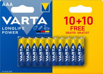 Varta Longlife Power, Batteria Alcalina, AAA, Micro, LR03, 1.5V, Blister da 10+10, Made in Germany