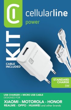 Cellularline USB Charger Kit 1A - Micro USB - Huawei, Xiaomi, Wiko, Asus and other smartphone Caricabatterie da rete 1A con cavo Micro USB