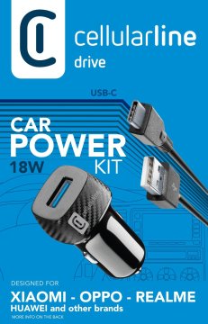 Cellularline USB Car Charger Kit 18W - USB-C - Huawei, Xiaomi, Wiko, Asus and other smartphone Caricabatterie da auto adattivo 18W con cavo USB-C