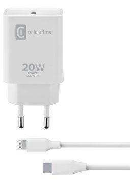 Cellularline USB-C Charger Kit 20W - USB-C to Lightning - iPhone 8 or later Caricabatterie da rete USB-C 20W per la carica alla massima velocità di iPhone 8 e successivi con cavo USB-C to Lightning