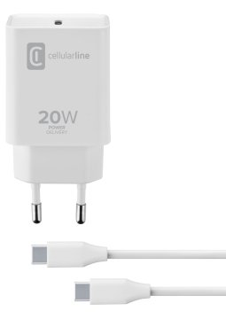 Cellularline USB-C Charger Kit 20W - USB-C to USB-C - iPad Pro (2018 or later) and iPad Air (2020) Caricabatterie da rete USB-C 20W per la carica alla massima velocità di iPad Pro (2018 e successivi) 