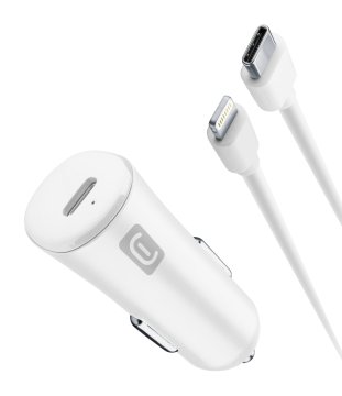 Cellularline USB-C Car Charger Kit 20W - USB-C to Lightning - iPhone 8 or later Caricabatterie da auto USB-C 20W per la carica alla massima velocità di iPhone 8 e successivi con cavo USB-C to Lightnin