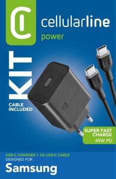 Cellularline Super Fast Charger Kit PD 45W Caricabatterie da rete USB-C 45W con cavo USB-C to USB-C