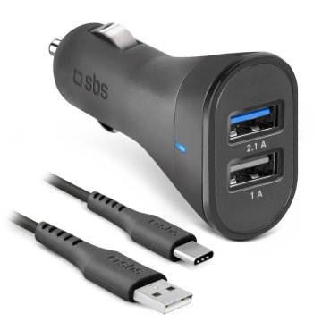 SBS Kit caricatore auto 10 Watt - Ricarica rapida con due porte USB e cavo USB e USB-C incluso