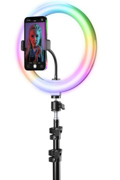 Tech Pop Selfie Ring Pro Multicolor - Universale Anello led con modalità RGB a luminosità regolabile e treppiede da 1.60m per riprese video e selfie