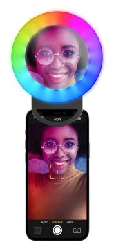 Tech Pop Selfie Ring Pocket Multicolor - Universale Anello led a clip con modalità RGB a luminosità regolabile e specchio integrato.