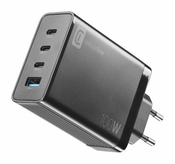 Cellularline NANO GAN 100W - Smartphone, Tablet and USB-C Laptops up to 100W Caricabatterie da rete 100W con 4 porte