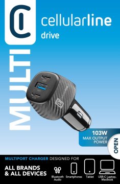 Cellularline Car Multipower Laptop - iPhone, Samsung, Xiaomi, Oppo and other Smartphones and Tablets Caricabatterie da auto 3 porte, 130W Power Delivery